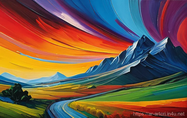 미술평론가 학문적 연구 방법 - **Prompt:** "A vibrant and dynamic semi-abstract landscape painting, showcasing the powerful interpl...